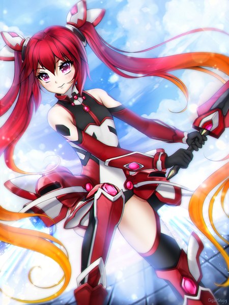 Anime picture 750x1000 with ore twintail ni narimasu production ims tail red gigamessy single tall image looking at viewer blush fringe light erotic smile hair between eyes red eyes standing twintails bare shoulders holding signed payot sky