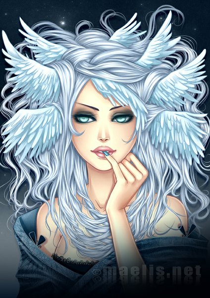 Anime picture 600x848 with original m-aelis single long hair tall image bare shoulders signed silver hair aqua eyes fingernails lips finger to mouth head wings multiple wings girl wings