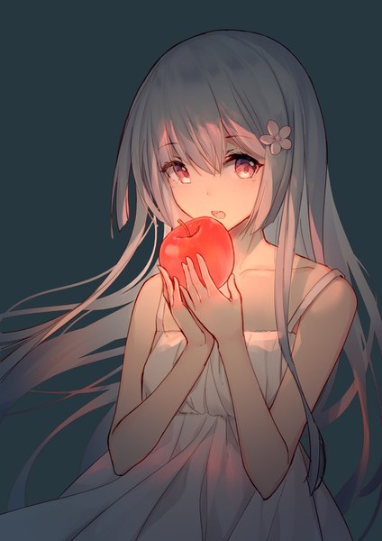 Anime picture 1000x1415 with original bison cangshu single long hair tall image looking at viewer blush fringe open mouth simple background hair between eyes red eyes standing holding payot hair flower grey hair sleeveless floating hair glowing