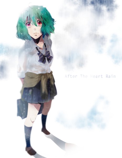 Anime picture 1432x1846 with macross macross frontier ranka lee gen (enji) single tall image short hair red eyes white background sky cloud (clouds) ahoge pleated skirt green hair from above inscription shadow reflection looking up rain