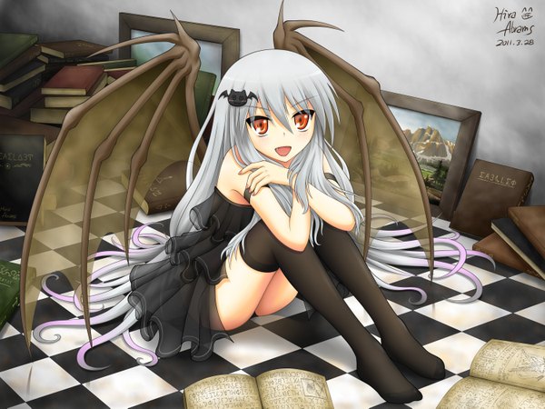Anime picture 3000x2253 with hira (zlpabrams) long hair highres open mouth red eyes absurdres silver hair checkered floor demon wings leg hug girl thighhighs black thighhighs wings book (books) picture