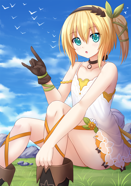 Anime picture 945x1337 with tales of (series) tales of zestiria edna (tales) kazenokaze single tall image looking at viewer blush fringe short hair open mouth light erotic blonde hair hair between eyes bare shoulders payot sky cloud (clouds) bent knee (knees) outdoors