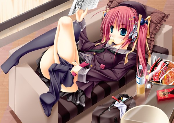 Anime picture 1229x869 with kai yuuki blue eyes light erotic pink hair red hair mouth hold undressing eating reading girl thighhighs skirt black thighhighs miniskirt food sweets headphones pillow couch pocky