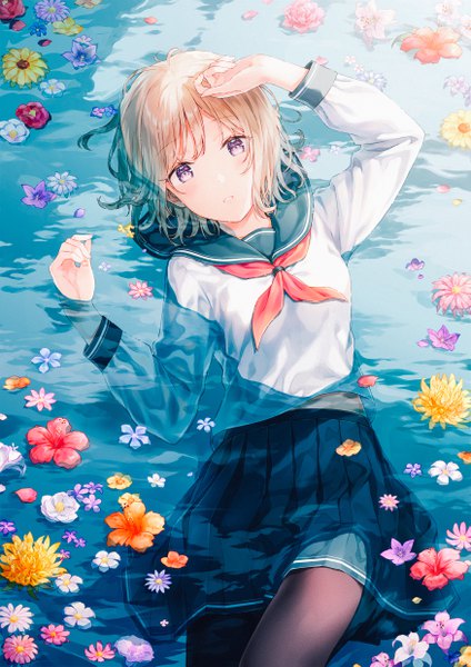 Anime picture 3500x4950 with original hiten (hitenkei) single tall image looking at viewer blush fringe highres short hair brown hair purple eyes absurdres outdoors lying long sleeves parted lips pleated skirt arm up from above on back