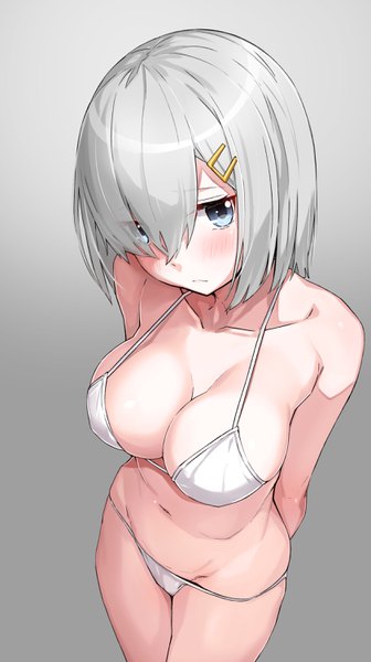 Anime picture 1682x3000 with kantai collection hamakaze destroyer takanashi kei (hitsujikan) single tall image looking at viewer blush fringe short hair breasts blue eyes light erotic simple background large breasts standing bare shoulders cleavage head tilt from above grey hair