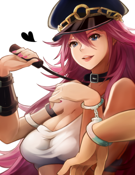 Anime picture 1500x1942 with street fighter final fight capcom poison (final fight) nemunemu (bluelight5) single long hair tall image looking at viewer blue eyes simple background white background pink hair lips girl collar flat cap handcuffs