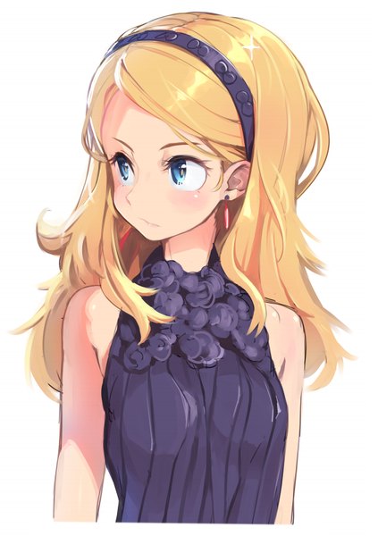 Anime picture 565x800 with original shinbasaki single long hair tall image blush breasts blue eyes blonde hair simple background white background looking away sleeveless eyebrows girl earrings hairband