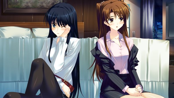 Anime picture 1280x720 with white album 2 touma kazusa ogiso setsuna long hair blush blue eyes black hair brown hair wide image sitting multiple girls yellow eyes game cg girl 2 girls suit