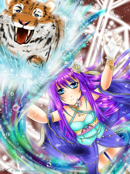 Anime picture 1200x1600 with nami (nyaa) single long hair tall image looking at viewer blush blue eyes purple hair girl dress gloves animal fingerless gloves tiger