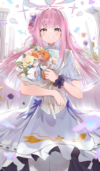 Anime picture 1964x3325 with blue archive mika (blue archive) jsscj single long hair tall image looking at viewer highres smile yellow eyes pink hair grin white wings wrist scrunchie girl dress flower (flowers) pantyhose wings halo