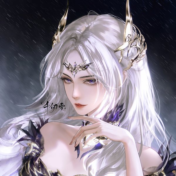 Anime picture 2000x2000 with douluo continent qian renxue (douluo dalu) tagme (artist) single long hair looking at viewer highres purple eyes bare shoulders silver hair upper body copyright name character names portrait alternate hairstyle alternate hair color alternate eye color girl hair ornament