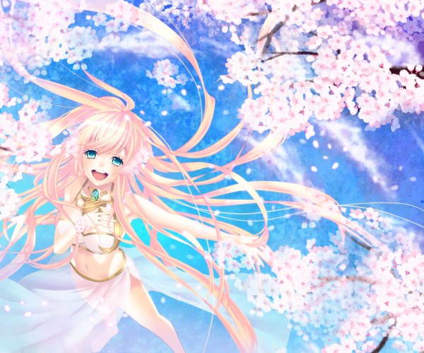 Anime picture 1600x1333 with vocaloid megurine luka yunca single long hair blush open mouth blue eyes pink hair cherry blossoms girl navel plant (plants) petals tree (trees)
