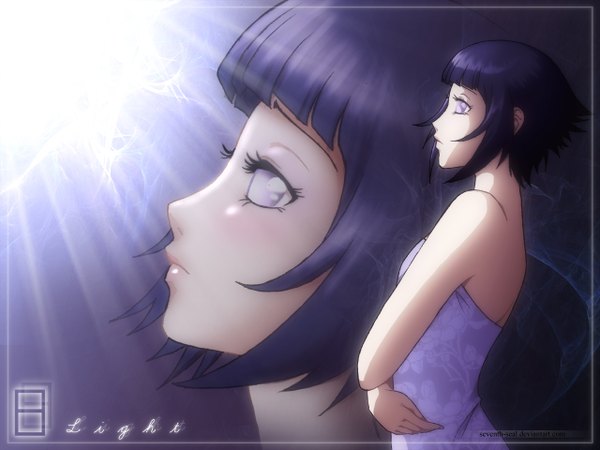 Anime picture 1280x960 with naruto studio pierrot naruto (series) hyuuga hinata single short hair purple eyes bare shoulders blue hair inscription close-up crossed arms face zoom layer girl