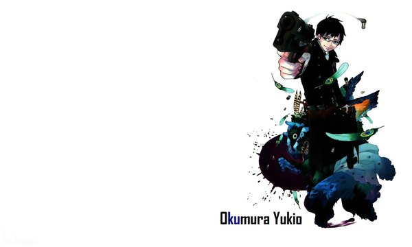 Anime picture 2000x1200 with ao no exorcist a-1 pictures okumura yukio katou kazue single highres short hair black hair simple background wide image light smile grey eyes character names black background boy weapon glasses gun feather (feathers)