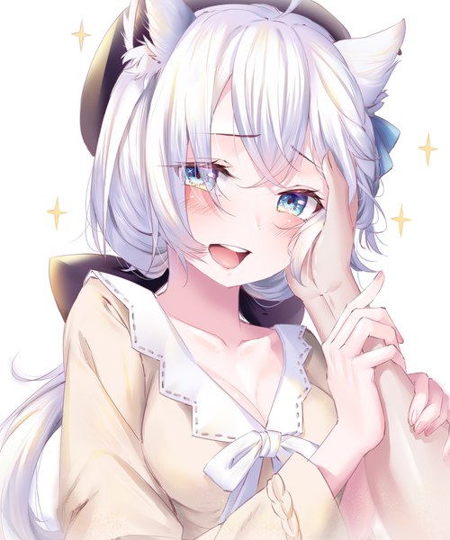 Anime picture 1500x1800 with virtual youtuber hololive shirakami fubuki shirakami fubuki (3rd costume) amaroku neko long hair tall image looking at viewer blush open mouth blue eyes simple background white background cleavage silver hair teeth sparkle official alternate costume solo focus low ponytail