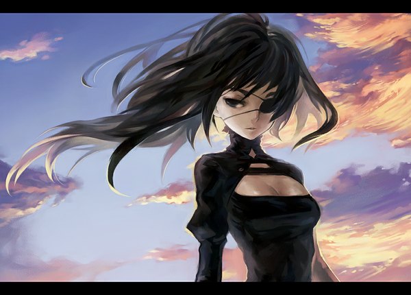 Anime picture 1116x800 with original uroko (mnr) single long hair black hair sky cloud (clouds) black eyes evening sunset girl dress black dress eyepatch