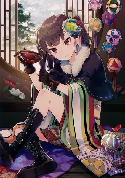 Anime picture 2481x3529 with melonbooks ikeuchi tanuma single long hair tall image looking at viewer fringe highres red eyes brown hair sitting holding full body indoors traditional clothes head tilt japanese clothes light smile wide sleeves fur trim