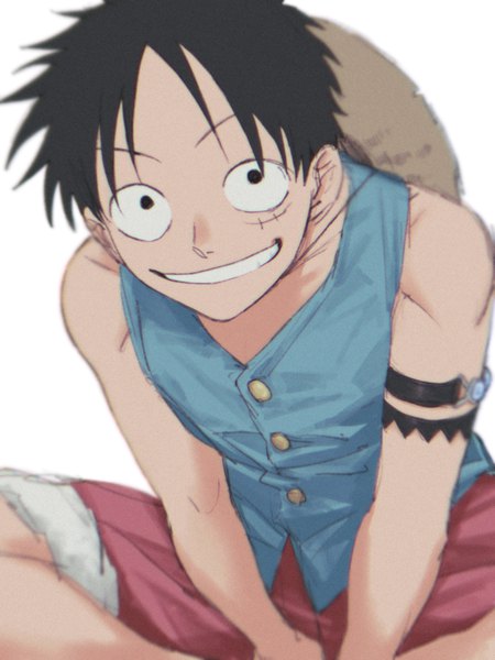 Anime picture 2048x2732 with one piece toei animation monkey d. luffy 4myaku1 urasanmyaku single tall image looking at viewer highres short hair black hair simple background smile white background black eyes grin scar hat removed headwear removed boy