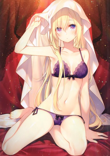 Anime picture 2426x3420 with original toosaka asagi single long hair tall image looking at viewer blush fringe highres breasts light erotic blonde hair hair between eyes sitting purple eyes bare shoulders payot cleavage full body barefoot