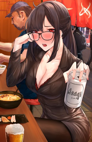 Anime picture 1595x2458 with original naokomama long hair tall image blush fringe breasts light erotic black hair red eyes large breasts sitting holding payot cleavage ahoge indoors braid (braids) long sleeves nail polish