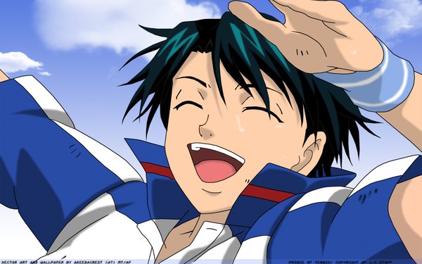 Anime picture 1920x1200 with prince of tennis echizen ryoma single highres short hair open mouth black hair wide image eyes closed vector laughing boy uniform gym uniform wristlet