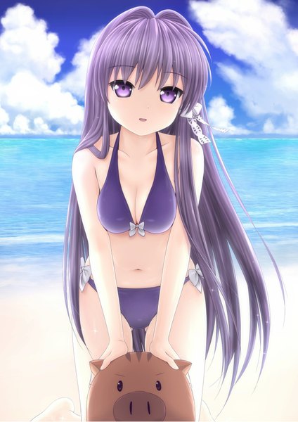 Anime picture 1447x2047 with clannad key (studio) fujibayashi kyou akahige long hair tall image blush light erotic purple eyes purple hair cloud (clouds) beach girl navel