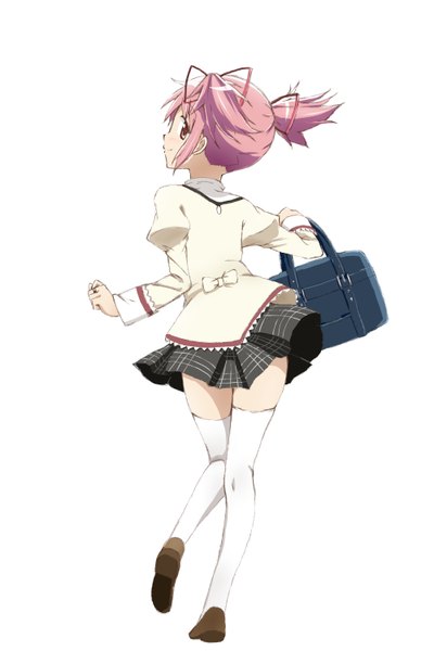 Anime picture 1000x1500 with mahou shoujo madoka magica shaft (studio) kaname madoka kinfuji single tall image looking at viewer short hair simple background smile white background twintails pink hair pink eyes looking back from behind zettai ryouiki short twintails girl thighhighs