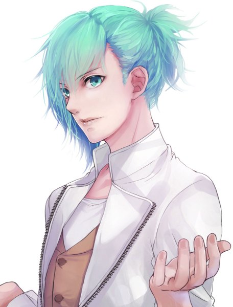 Anime picture 913x1200 with uta no prince-sama a-1 pictures mikaze ai torimame single tall image fringe short hair simple background white background profile aqua eyes lips aqua hair boy vest buttons suit