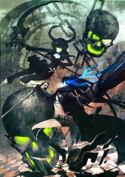 Anime picture 2119x3000 with black rock shooter black rock shooter (character) dead master huke long hair tall image highres black hair twintails multiple girls horn (horns) glowing glowing eye (eyes) checkered girl gloves 2 girls sword shorts katana