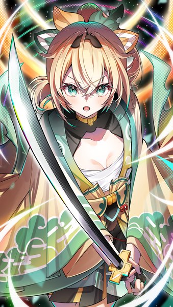 Anime picture 2000x3541 with virtual youtuber hololive kazama iroha kazama iroha (1st costume) furuki ayaginutaira single long hair tall image looking at viewer fringe highres breasts open mouth blonde hair hair between eyes cleavage ponytail traditional clothes japanese clothes aqua eyes