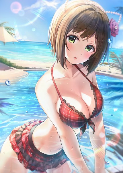 Anime picture 648x906 with idolmaster idolmaster cinderella girls maekawa miku takeashiro single tall image looking at viewer blush fringe short hair breasts open mouth light erotic large breasts standing bare shoulders green eyes animal ears sky cleavage