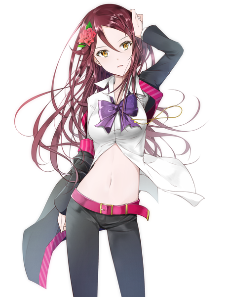 Anime picture 2056x2672 with love live! sunshine!! sunrise (studio) love live! sakurauchi riko nangolf single long hair tall image fringe highres simple background hair between eyes standing white background yellow eyes red hair hair flower wind bare belly hand on head