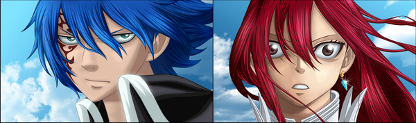 Anime picture 2131x629 with fairy tail erza scarlet jellal fernandes dark-nyghtmare long hair highres short hair blue eyes wide image brown eyes blue hair sky cloud (clouds) red hair tattoo coloring face multiview dualscreen girl
