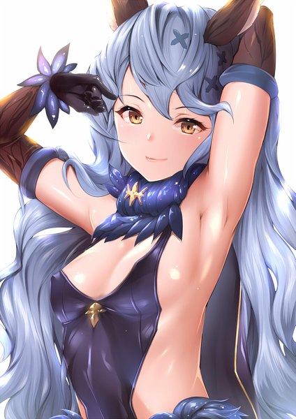 Anime picture 989x1400 with granblue fantasy ferri (granblue fantasy) amasora taichi single long hair tall image looking at viewer blush fringe breasts light erotic simple background smile hair between eyes standing white background brown eyes animal ears blue hair cleavage