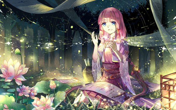 Anime picture 2150x1344 with original ekita xuan single fringe highres open mouth blue eyes sitting twintails looking away pink hair blunt bangs braid (braids) very long hair pleated skirt night wide sleeves sparkle night sky low twintails