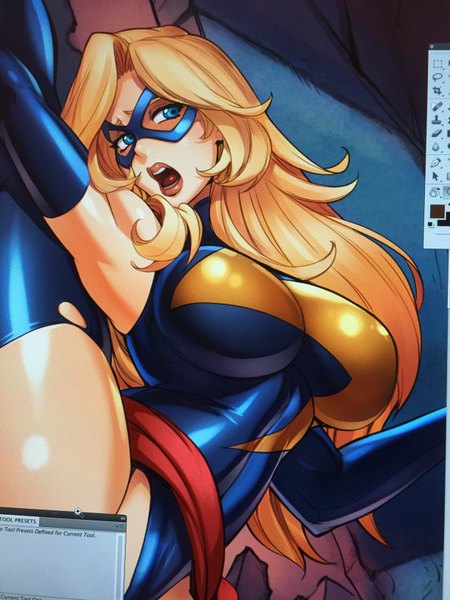 Anime picture 2448x3264 with marvel comics ms. marvel reiq (artist) single long hair tall image highres short hair breasts blue eyes light erotic blonde hair large breasts lips armpit (armpits) girl gloves elbow gloves bodysuit mask