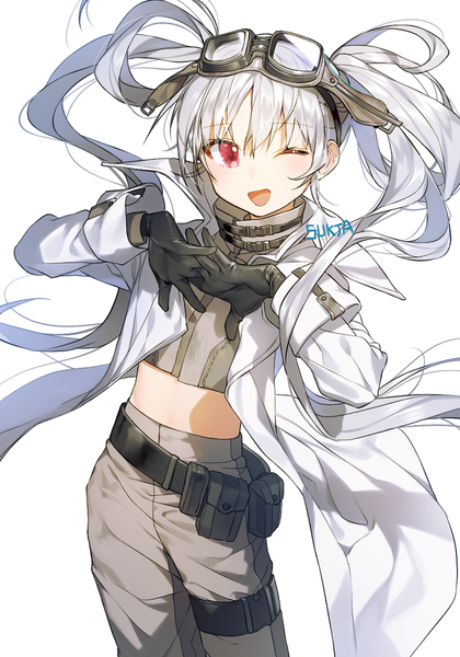 Anime picture 700x1000 with original sorolp single long hair tall image looking at viewer fringe open mouth simple background hair between eyes red eyes standing white background twintails signed long sleeves one eye closed grey hair midriff ;d