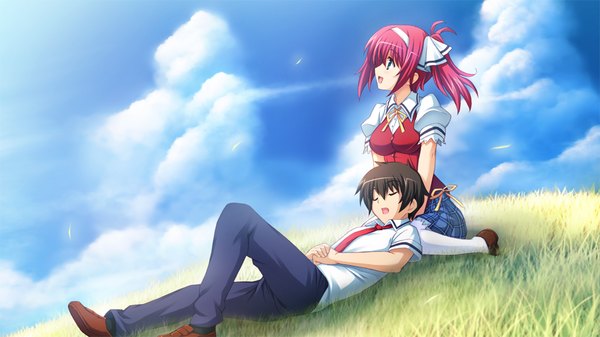 Anime picture 1024x576 with love-bride eve short hair open mouth blue eyes black hair wide image game cg cloud (clouds) red hair girl thighhighs boy white thighhighs serafuku