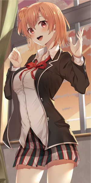 Anime picture 2000x4000 with yahari ore no seishun love comedy wa machigatteiru. brains base (studio) yuigahama yui jun (aousa0328) single tall image looking at viewer blush fringe highres short hair open mouth smile hair between eyes red eyes standing payot indoors head tilt :d