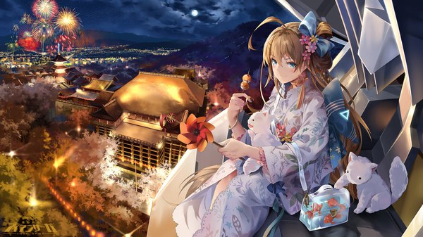 Anime picture 1920x1080 with iron saga snow (iron saga) snow is single looking at viewer blush fringe highres breasts blue eyes hair between eyes wide image sitting payot full body outdoors long sleeves very long hair nail polish traditional clothes