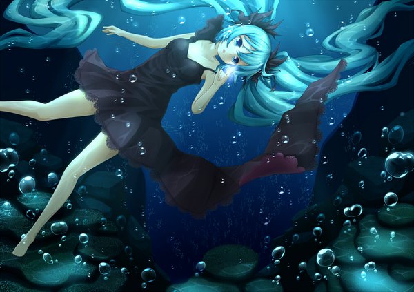 Anime picture 1011x716 with vocaloid shinkai shoujo (vocaloid) hatsune miku jampen single open mouth twintails very long hair barefoot aqua hair underwater girl dress bubble (bubbles)