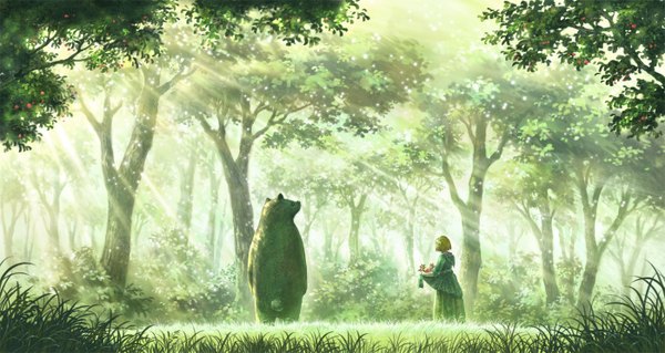 Anime picture 1400x746 with original shirakaba toshiharu (artist) short hair blonde hair wide image from behind sunlight back fantasy nature girl dress plant (plants) animal tree (trees) food grass fruit forest bushes