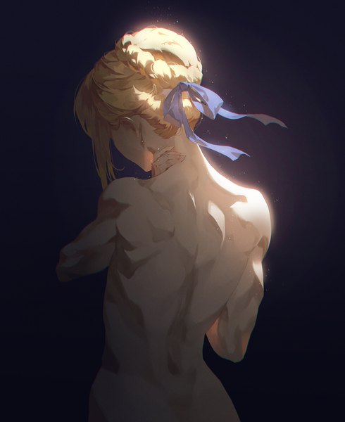 Anime picture 1226x1500 with fate (series) fate/stay night artoria pendragon (all) saber fajyobore single tall image short hair light erotic simple background blonde hair upper body braid (braids) nude from behind hair bun (hair buns) back black background braided bun arm around neck