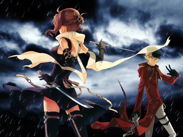 Anime picture 1600x1200 with h2so4 short hair blonde hair brown hair cloud (clouds) rain girl thighhighs dress boy gloves weapon black thighhighs sword glasses elbow gloves scarf neckerchief flat cap