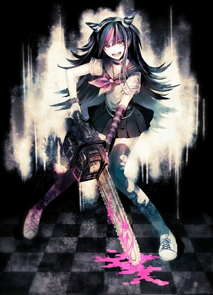 Anime picture 800x1108 with dangan ronpa mioda ibuki yumeno yume single long hair tall image open mouth black hair standing full body pink eyes multicolored hair horn (horns) zettai ryouiki streaked hair torn clothes checkered floor floor checkered wrist scrunchie