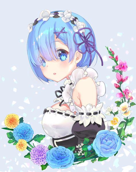 Anime picture 949x1200 with re:zero kara hajimeru isekai seikatsu white fox rem (re:zero) mintchoco (orange shabette) single tall image looking at viewer blush fringe short hair blue eyes simple background hair between eyes bare shoulders blue hair upper body parted lips grey background puffy sleeves portrait