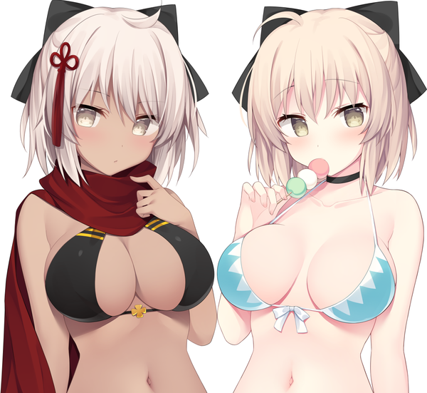 Anime picture 1161x1068 with fate (series) fate/grand order okita souji (fate) (all) okita souji (koha-ace) okita souji alter (fate) miko (royal milk) looking at viewer blush fringe short hair breasts light erotic blonde hair simple background hair between eyes large breasts white background multiple girls holding yellow eyes