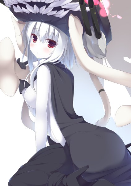 Anime picture 849x1200 with kantai collection wo-class aircraft carrier megarisu single long hair tall image looking at viewer blush breasts red eyes sitting teeth high heels wariza white skin shinkaisei-kan girl gloves weapon black gloves
