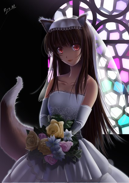 Anime picture 2480x3507 with spice and wolf horo minazuki ryou single long hair tall image highres red eyes brown hair wolf ears wolf tail wolf girl girl dress gloves flower (flowers) elbow gloves bouquet wedding dress