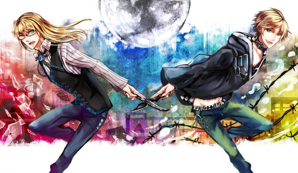 Anime picture 1240x723 with original senri sankachuu (artist) long hair short hair blonde hair smile wide image green eyes nail polish androgynous boy earrings glasses belt moon collar knife jeans barbed wire